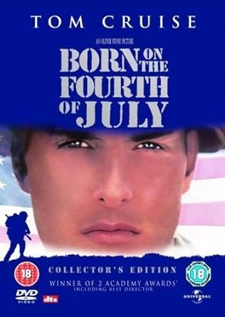 DVD cover for 'Born on the Fourth of July' featuring a close-up portrait of the main character, with a background suggesting a patriotic theme with an American flag.