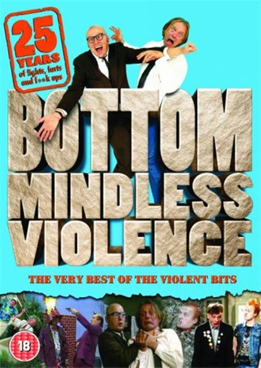 DVD cover for 'Bottom Mindless Violence: The Very Best of the Violent Bits' featuring two comedians above large textured stone-style title text, with smaller performance stills along the bottom and a bright turquoise background.