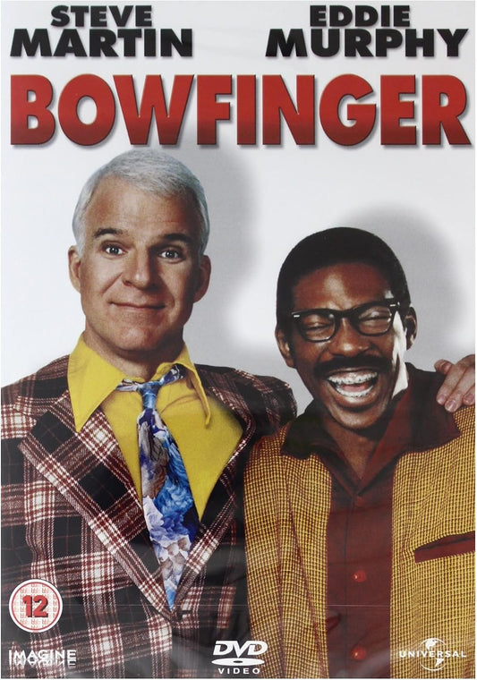 DVD cover for the movie Bowfinger, featuring Steve Martin and Eddie Murphy in colorful suits against a light gray background, with the title in large red letters at the top.