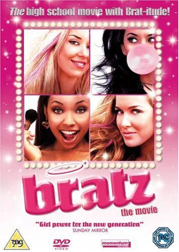DVD cover for the movie 'Bratz', featuring four women in a 2x2 grid with the title 'bratz' in large pink letters below, on a bright pink background with decorative text and logos.