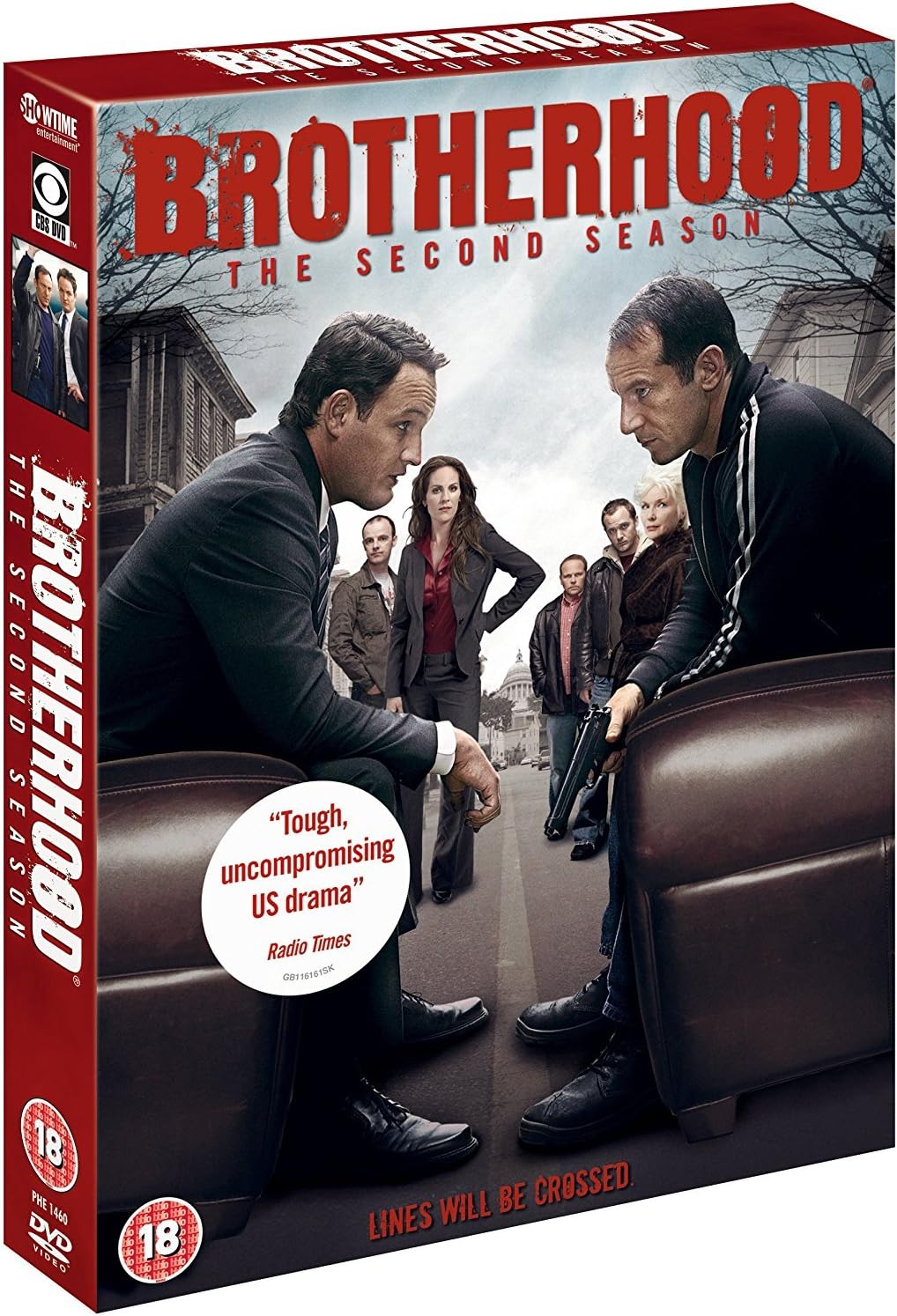 DVD box set for Brotherhood: The Second Season, showing the front cover art with multiple cast members seated in chairs and a red spine band, photographed on a plain white background.