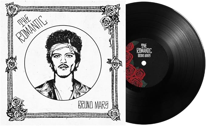 Vinyl record with cover featuring a stylized portrait and decorative elements