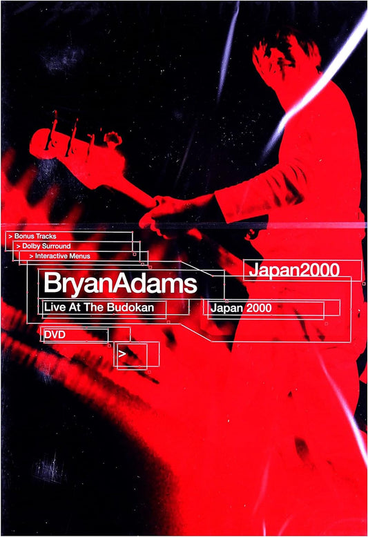 DVD cover for Bryan Adams: Live At The Budokan, featuring a close-up of the artist with a guitar against a red and black background.