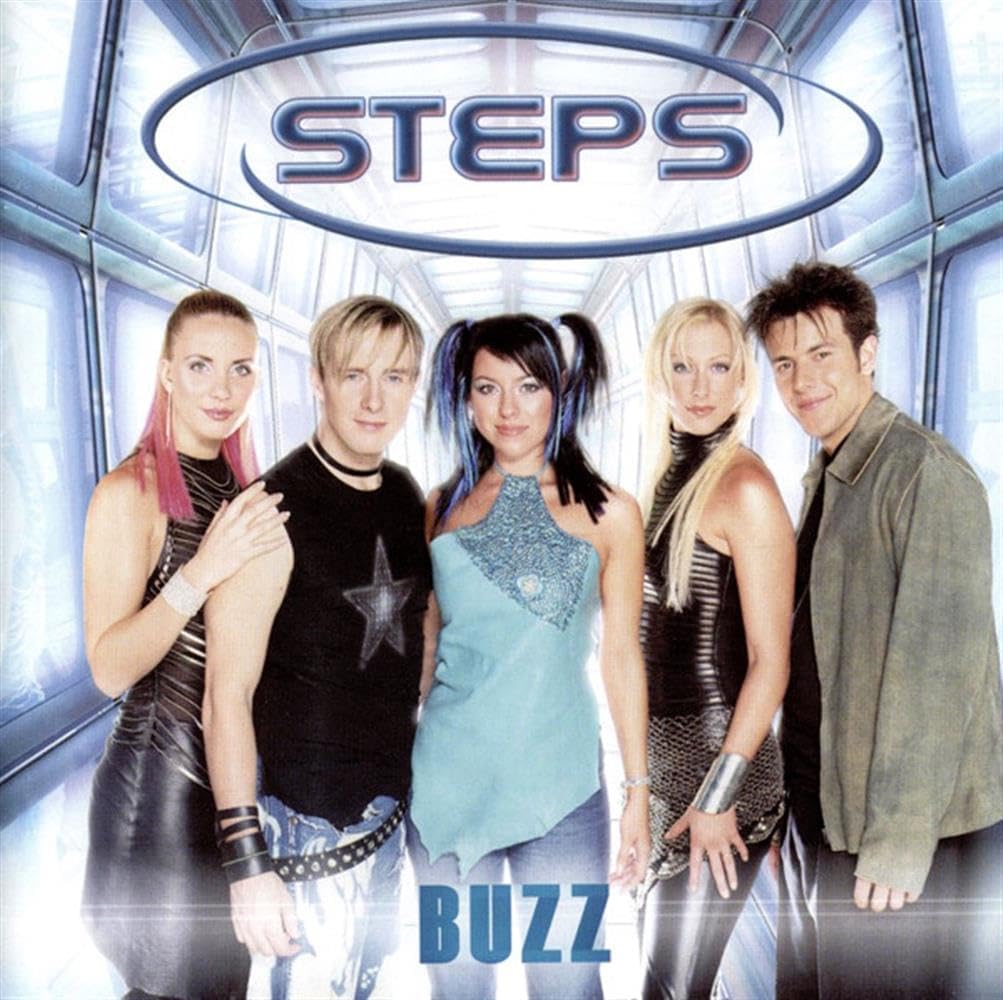 Album cover for 'Buzz' by Steps featuring five band members in a futuristic setting.