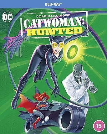 Blu-ray cover of 'Catwoman: Hunted' featuring Catwoman and a villain on a green background.