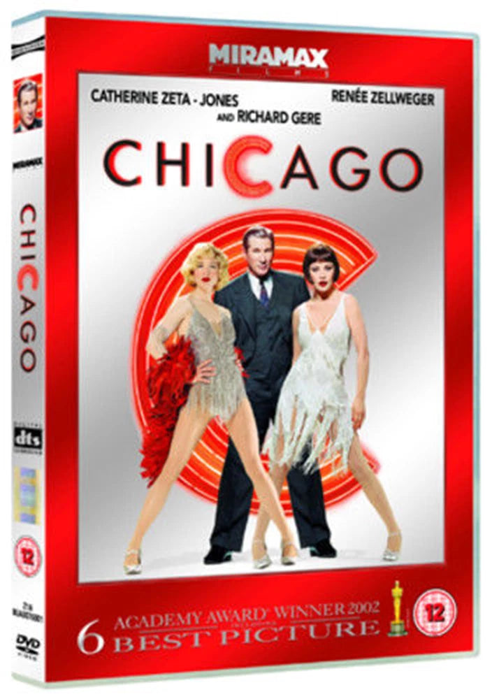DVD cover of 'Chicago' featuring Catherine Zeta-Jones, Renee Zellweger, and Richard Gere with Miramax logo.