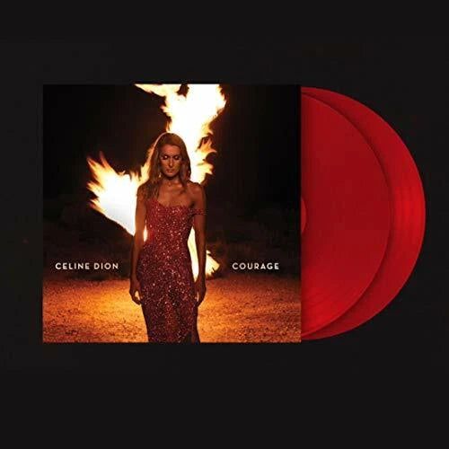 Vinyl record set with 'Celine Dion Courage' cover featuring a woman in front of flames.