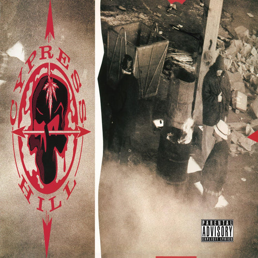 This image features the album cover of "Cypress Hill explicit_lyrics Vinyl," showcasing a striking design with a red skull logo against a weathered backdrop. The album cover displays a monochrome photograph of Cypress Hill members engaging in activities that highlight the band's edgy and urban vibe.