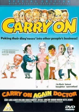 DVD cover of 'Carry On Again Doctor' with character illustrations and text.