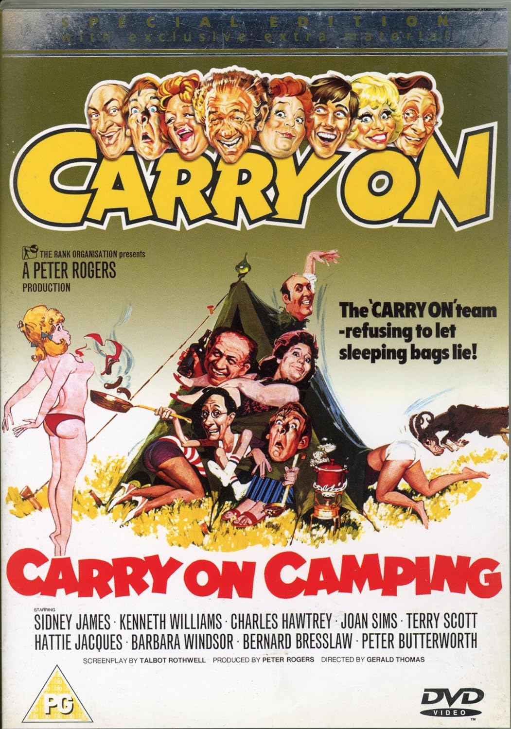Vintage Carry On Camping movie DVD cover featuring a colorful illustrated scene with exaggerated caricature faces, large yellow 'CARRY ON' text, and red 'CARRY ON CAMPING' text on a green background.