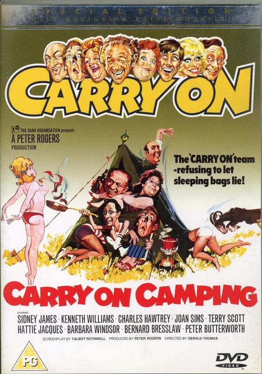 Vintage Carry On Camping movie DVD cover featuring a colorful illustrated scene with exaggerated caricature faces, large yellow 'CARRY ON' text, and red 'CARRY ON CAMPING' text on a green background.