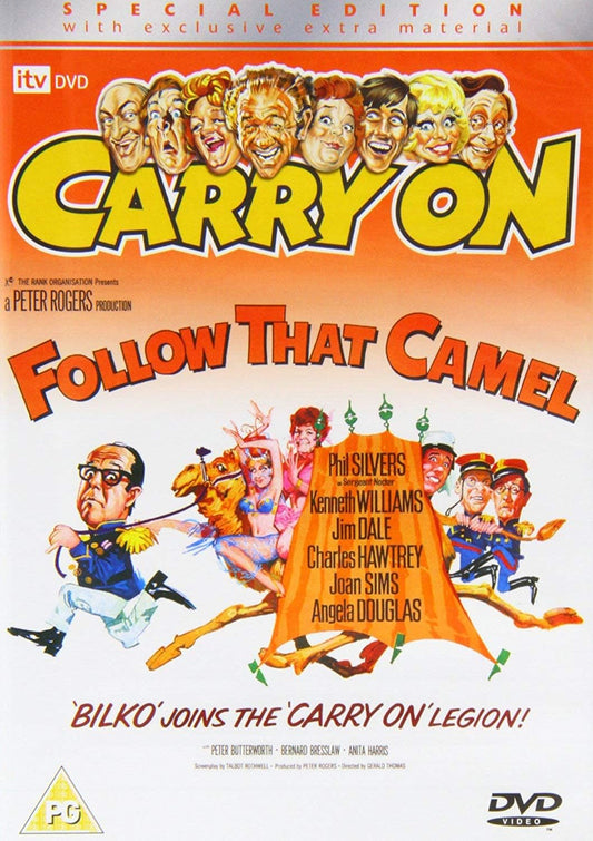 Carry On Follow That Camel special edition DVD cover featuring colorful illustrated characters and large yellow title text on an orange-to-white background.