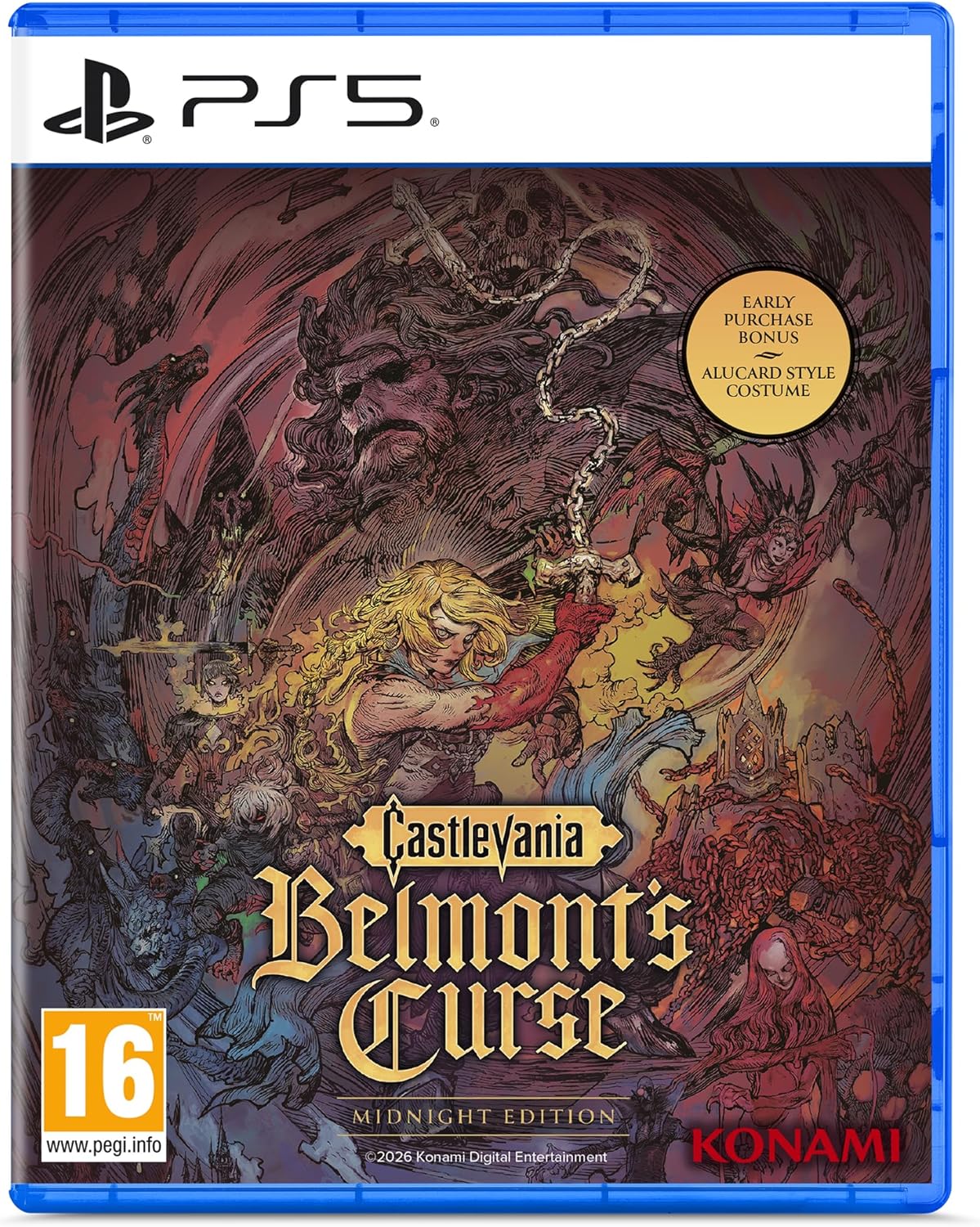 PlayStation 5 game case for 'Castlevania: Belmont's Curse' with Konami logo.