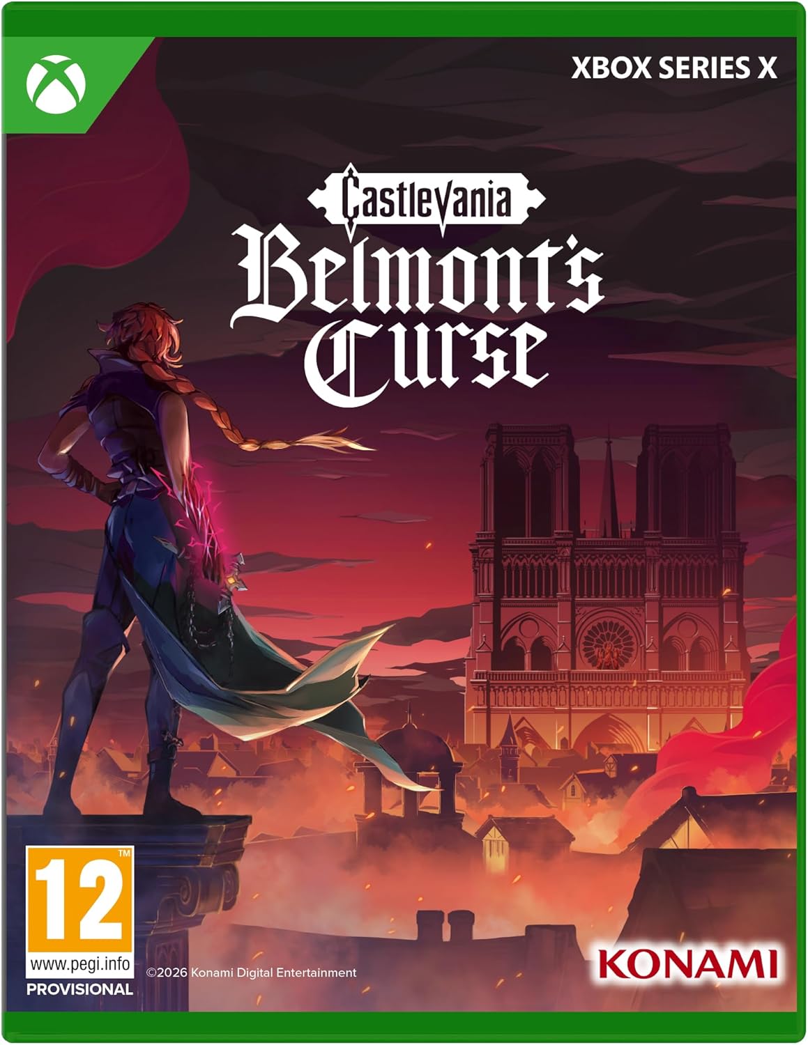 Game cover of 'Castlevania: Belmont's Curse' for Xbox Series X with a character and cathedral in the background.
