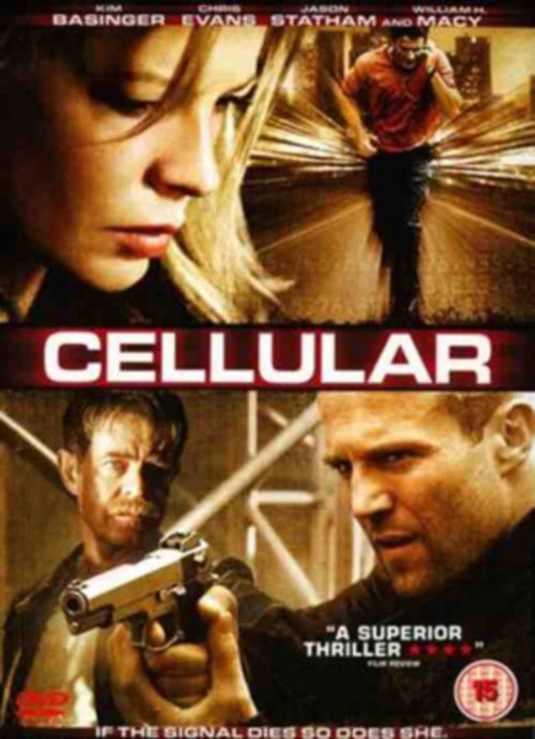 Cellular movie poster featuring Jason Statham and Jamie Lee Curtis in dramatic close-up scenes with a large red title banner reading 'CELLULAR'.