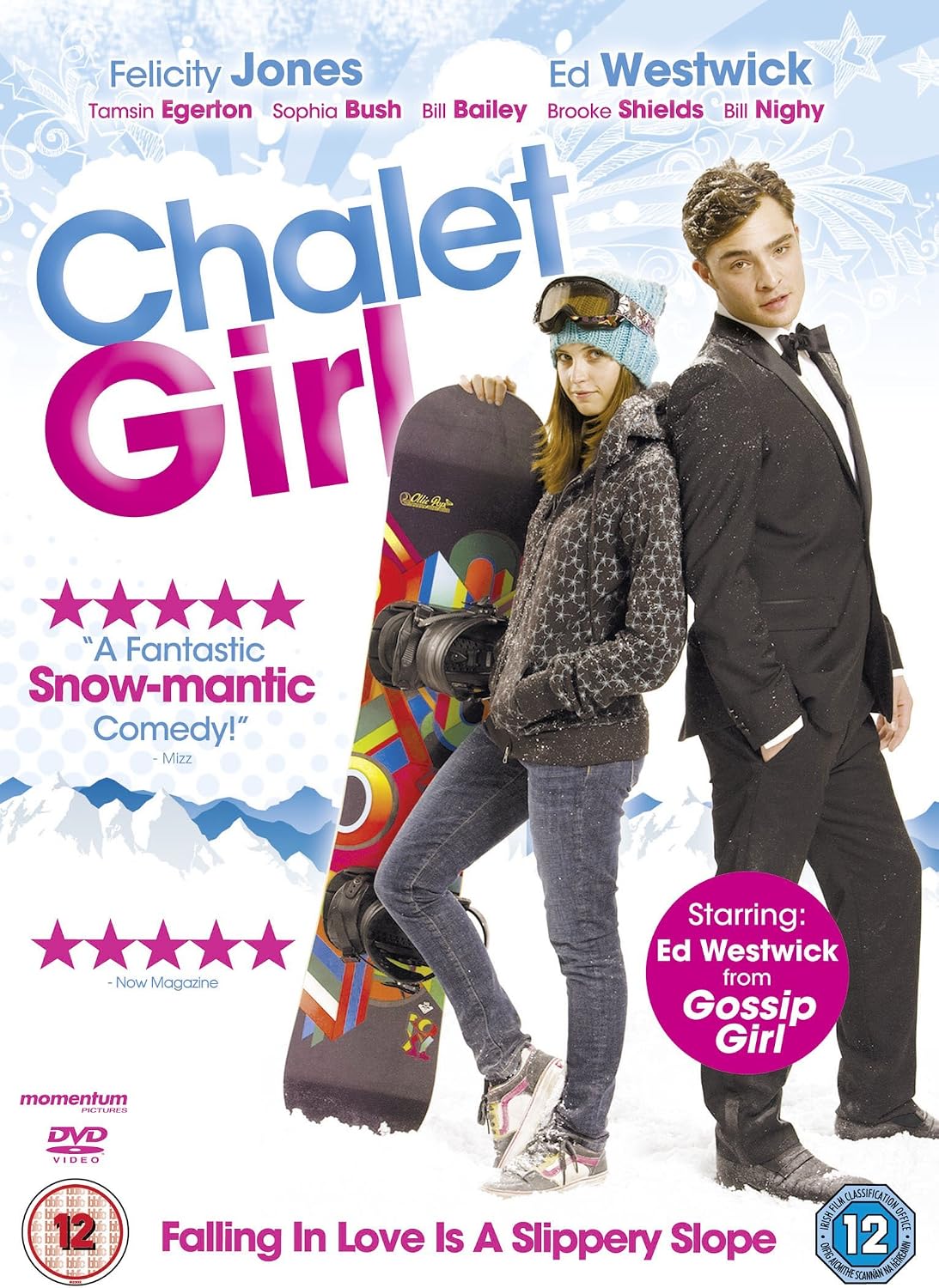DVD cover for the movie 'Chalet Girl' featuring Felicity Jones and Ed Westwick in ski resort attire, with a snowboard, movie title text, and rating badges on a snowy blue background.