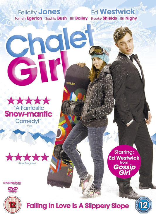 DVD cover for the movie 'Chalet Girl' featuring Felicity Jones and Ed Westwick in ski resort attire, with a snowboard, movie title text, and rating badges on a snowy blue background.