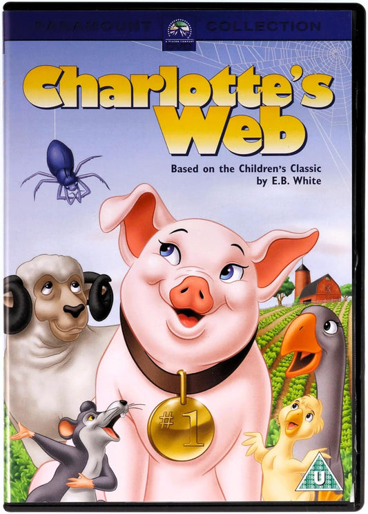 Front cover of the DVD release for the children's classic 'Charlotte's Web', showing the main pig character in the center with sheep, mouse, spider, and chicken around her, plus the title and a U15 rating logo.