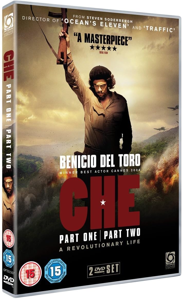 DVD box set for the film 'Che' featuring a cover design with a portrait of Che Guevara raising a weapon, large red title text, and a sepia-toned background. The spine and front cover are visible, with age rating badges and DVD logo at the bottom.