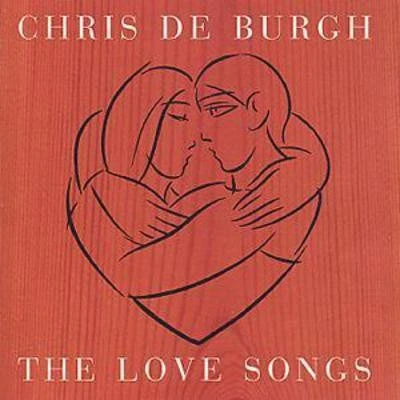 Album cover for Chris De Burgh's 'The Love Songs' featuring a minimalist black line drawing of a couple embracing inside a heart shape on a textured reddish-orange background.