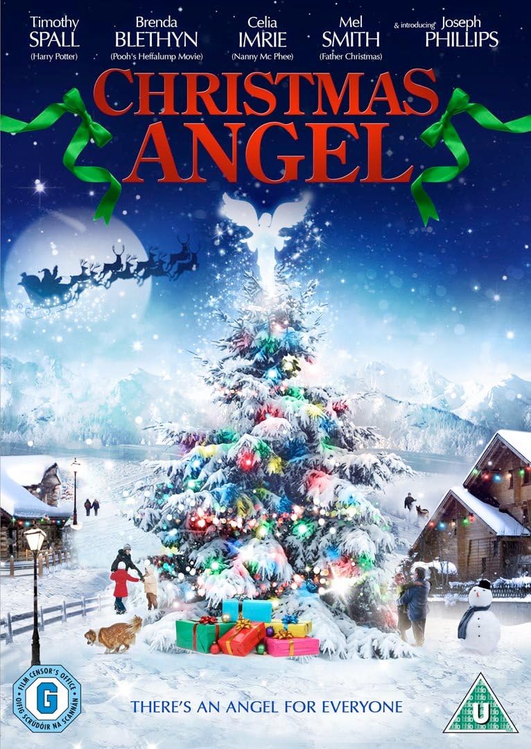 Movie poster for 'Christmas Angel' with a snowy scene, Christmas tree, and presents.