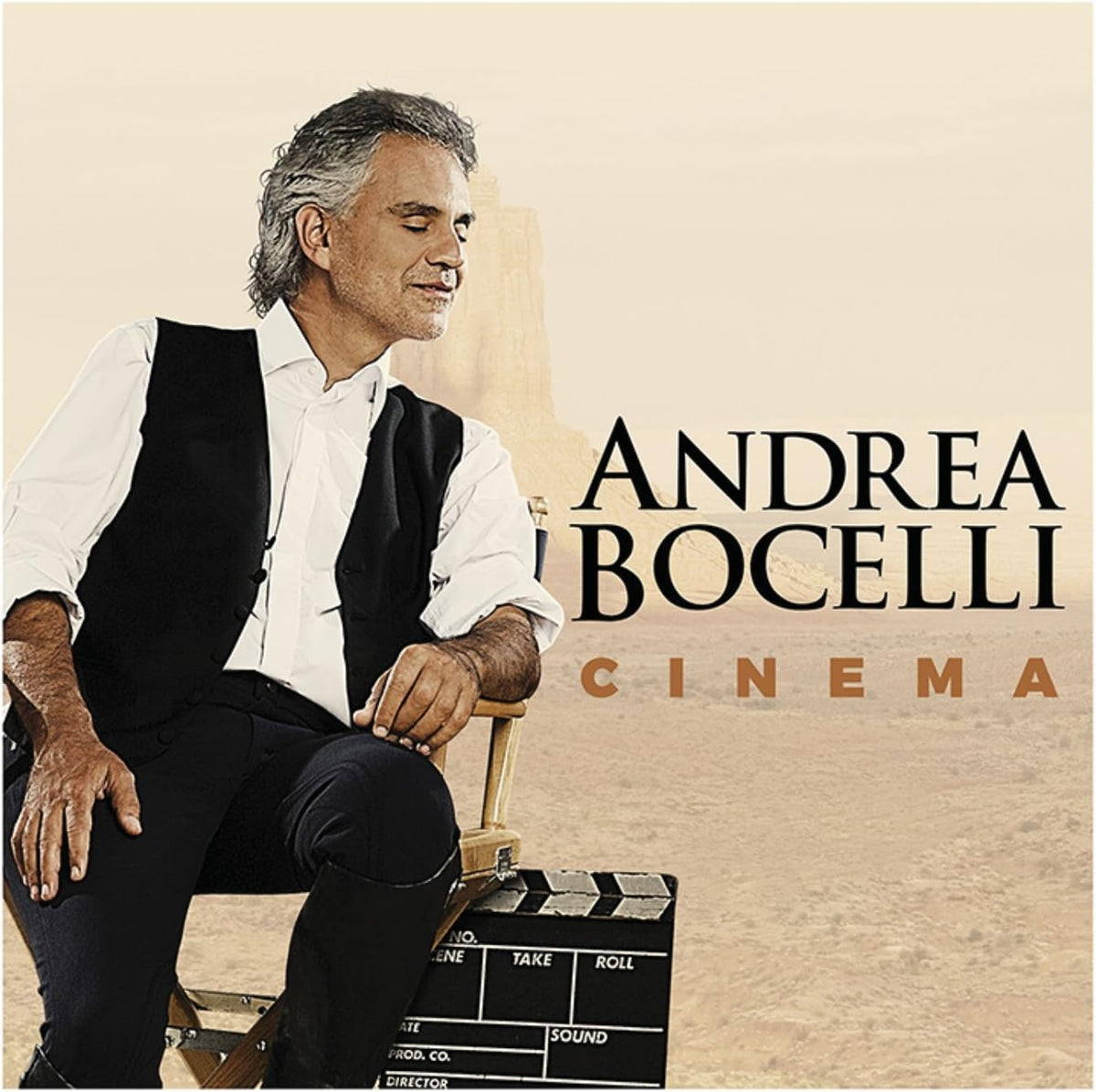 Album cover for Andrea Bocelli's 'Cinema', featuring a portrait of the actor sitting in a director's chair with a clapperboard, set against a warm beige background with his name and the title printed in bold text.