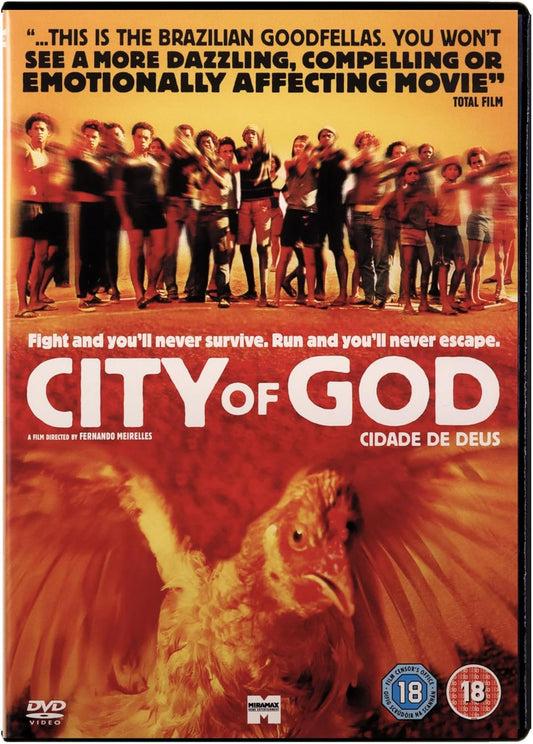 DVD cover for the movie 'City of God' (Cidade de Deus), featuring a fiery red and orange background with a large bird in the foreground, a group of children at the top, and bold white title text.