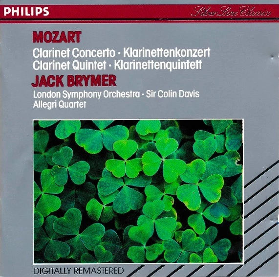 CD cover for Mozart's clarinet concertos and quintets performed by Jack Brymer, with a gray background, red text, and a central photo of green clover leaves. Philips branding is visible at the top left.