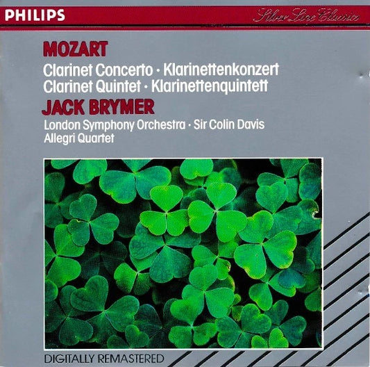 CD cover for Mozart's clarinet concertos and quintets performed by Jack Brymer, with a gray background, red text, and a central photo of green clover leaves. Philips branding is visible at the top left.