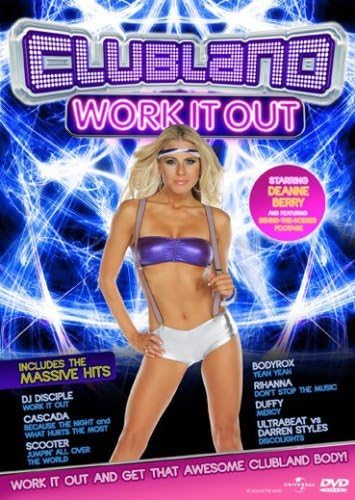 DVD cover for 'Clubland Work It Out' featuring a woman in workout attire with a vibrant background.