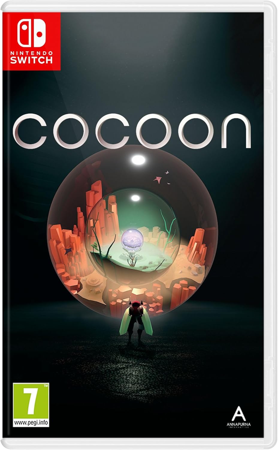 Cover art for the Nintendo Switch game 'Cocoon', featuring a dark, mysterious image of a game scene with a character and a large, translucent sphere in the background.