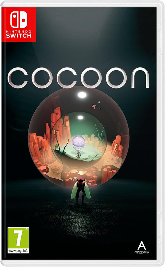 Cover art for the Nintendo Switch game 'Cocoon', featuring a dark, mysterious image of a game scene with a character and a large, translucent sphere in the background.