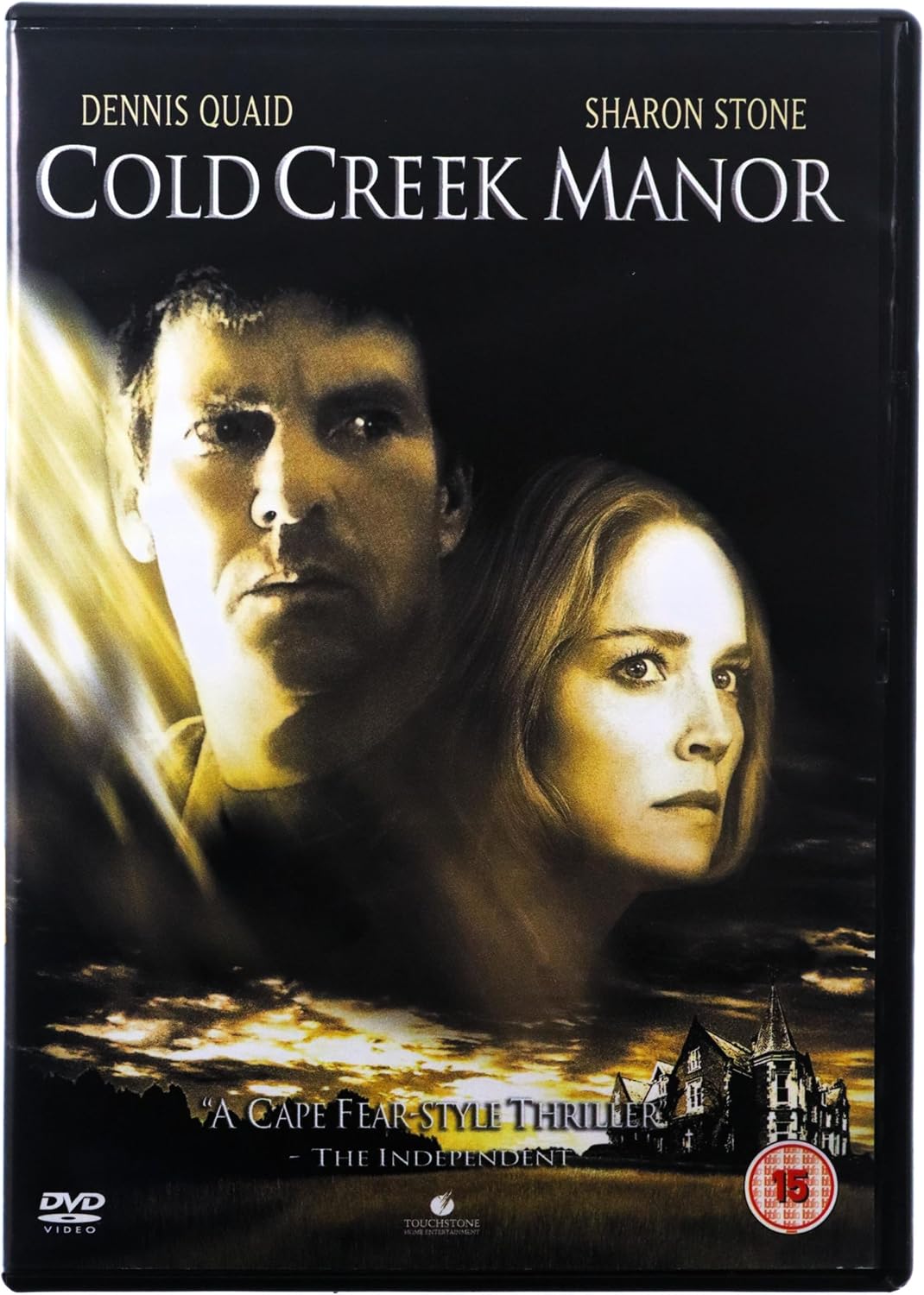 DVD cover for the movie 'Cold Creek Manor' featuring Dennis Quaid and Sharon Stone, with the title in large white text over a dark background and a small house illustration near the bottom.