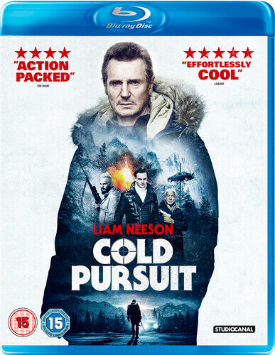 Cover of Cold Pursuit Blu Ray featuring a man in a wintery landscape with other characters and a gun in the background, indicating an action-packed scene from the movie.