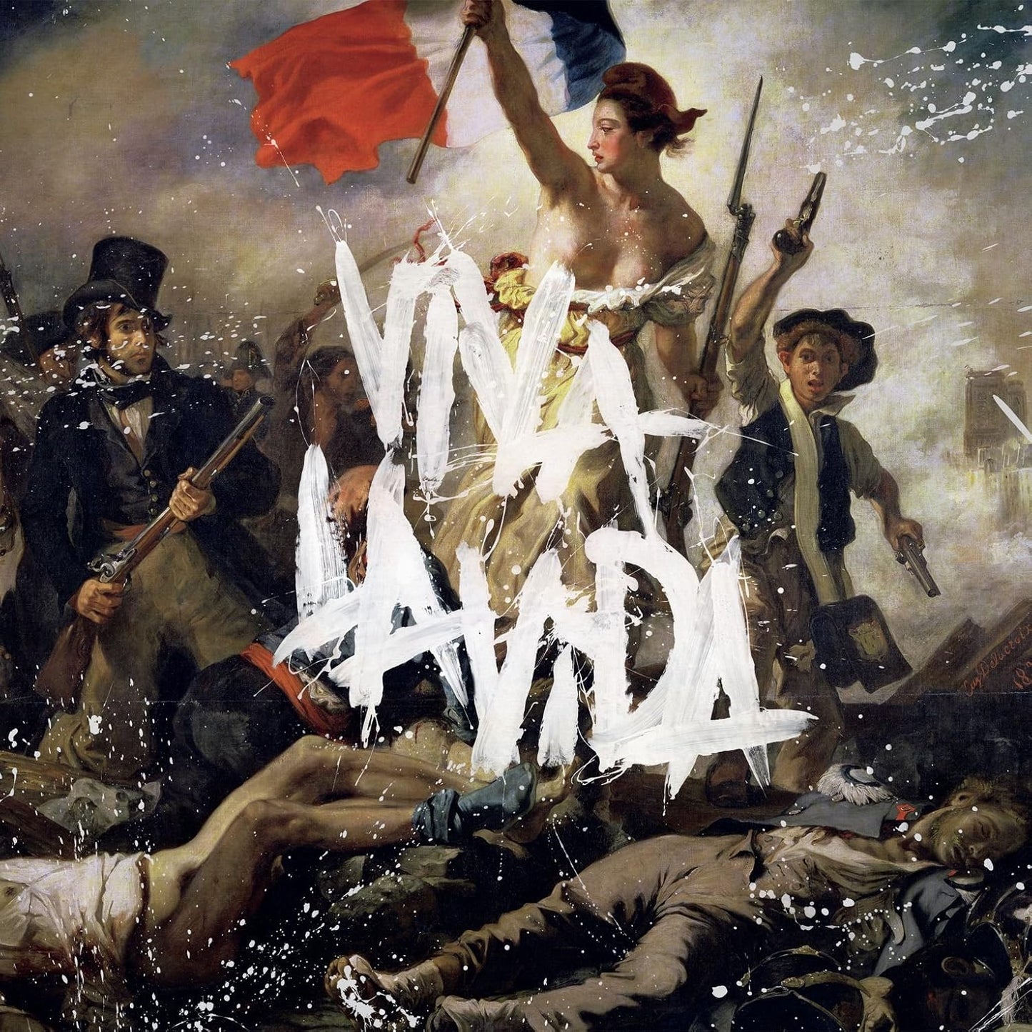 Artistic collage with a classical painting overlayed with 'Viva La Vida' text