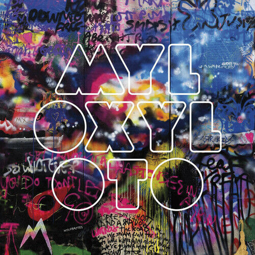Cover art for Coldplay Mylo Xyloto album featuring a colorful graffiti-like design with the band's name.