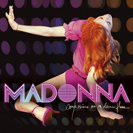 Album cover for 'Confessions on a Dance Floor' by Madonna with a dancer in a pink outfit against a dark background.
