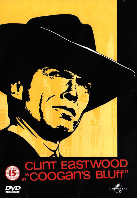 DVD cover for Clint Eastwood's Coogan's Bluff, featuring a high-contrast yellow and black graphic portrait of Clint Eastwood wearing a cowboy hat, with red title text and a DVD Video logo.