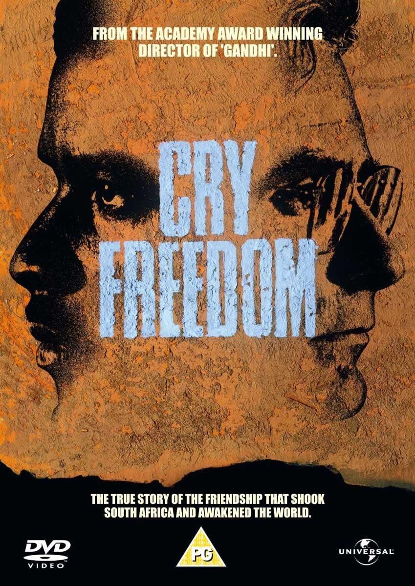 Movie poster for 'Cry Freedom' with a stylized face and text about the film's story.