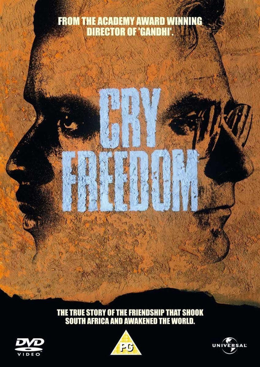 Movie poster for 'Cry Freedom' with a stylized face and text about the film's story.