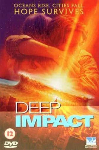 DVD cover for the movie 'Deep Impact' featuring a dramatic scene of two people embracing as a bright orange and yellow explosion or impact wave sweeps across the background. The title 'DEEP IMPACT' is displayed in large blue and white text, with a DVD logo in the bottom left corner.