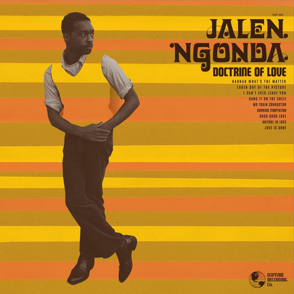 Jalen Ngonda 'Doctrine of Love' vinyl record cover art, featuring a black-and-white photo of the artist against a bold yellow and orange striped background with tracklist text on the right.