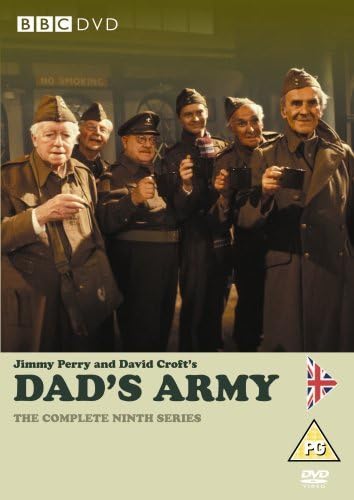 BBC DVD cover for 'Dad's Army: The Complete Ninth Series' featuring Jimmy Perry and David Croft as military officers standing together in a dimly lit scene, with title text and a PG rating logo on a beige background.