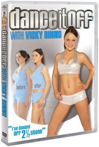 DVD cover for 'dance it off with Vicky Binns' showing a woman in a silver bikini posing in front of two women in light blue activewear labeled 'before' and 'after'.