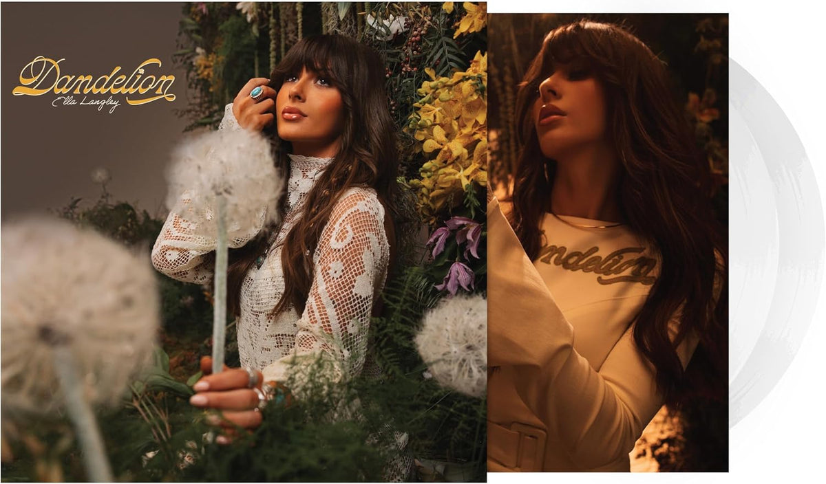 Dandelion album cover art featuring a woman surrounded by dandelions and flowers, with a translucent vinyl record partially visible on the right. The left panel shows the album title 'Dandelion' in gold script, and the right panel shows the woman wearing a cream sweatshirt with the title printed on it.