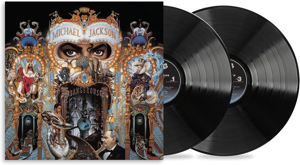 Michael Jackson's 'Dangerous' double vinyl LP set, showing the illustrated album cover on the left and two black vinyl records partially pulled from the sleeve on the right.