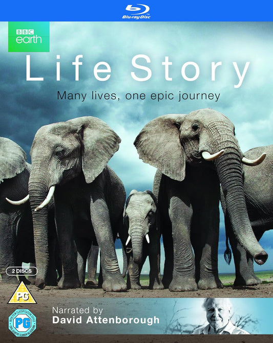 Blu-ray cover of 'Life Story' featuring elephants with BBC Earth logo.