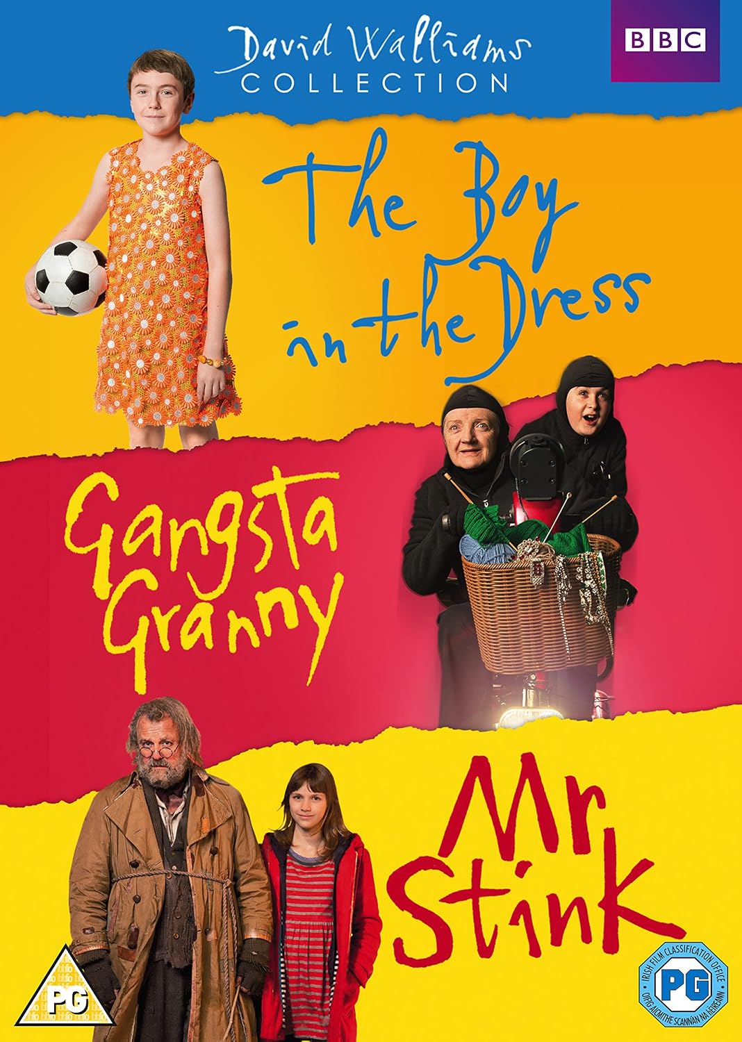 Poster for 'The Boy in the Dress', 'Gangsta Granny', and 'Mr Stink' with characters and colorful background.