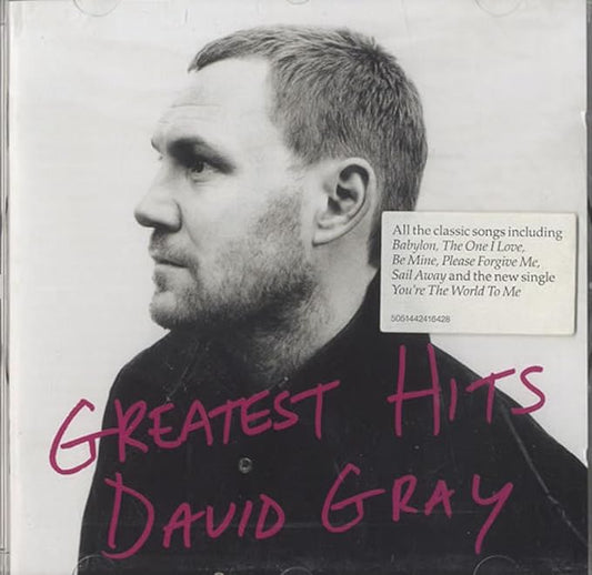 Audio CD cover of David Gray Greatest Hits, featuring a black and white photo of the artist with the album title text below.
