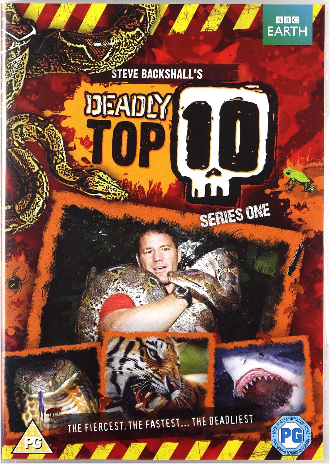 Deadly Top 10 Series One DVD cover by Steve Backshall, featuring a collage of dangerous animals and a man holding a large snake, with BBC Earth branding.